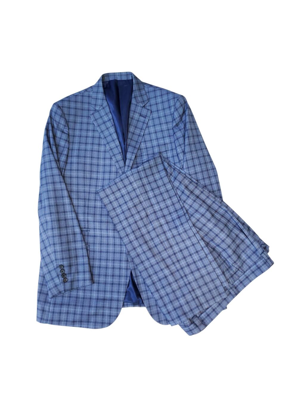Steve Harvey Samson Blue Glen Plaid 2pc Suit Summer Light Poly Rayon 46L 38x32